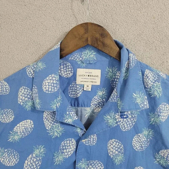 Lucky Brand Mens Saturday Stretch Pineapple Print Shirt Blue Short Sleeve M  5PT - Picture 6 of 7